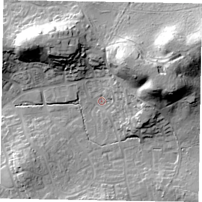Shaded relief map of the ground around GU169YJ, computed from Environment Agency LiDAR. The ground here sits at about 76 m above sea level and falls 35 m across the surrounding 800 m. Surface water reaching this point runs off ground lying to the east-north-east, 29.3 m higher.