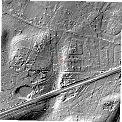 Shaded relief map of the ground around GU170AP, computed from Environment Agency LiDAR. The ground here sits at about 71 m above sea level and falls 30 m across the surrounding 800 m. Surface water reaching this point runs off ground lying to the south-west, 20.1 m higher.