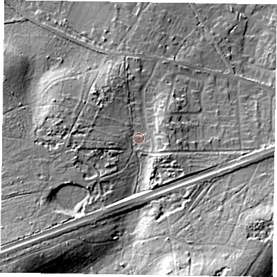 Shaded relief map of the ground around GU170AR, computed from Environment Agency LiDAR. The ground here sits at about 72 m above sea level and falls 31 m across the surrounding 800 m. Surface water reaching this point runs off ground lying to the south-west, 20.6 m higher.
