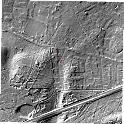 Shaded relief map of the ground around GU170AT, computed from Environment Agency LiDAR. The ground here sits at about 69 m above sea level and falls 26 m across the surrounding 800 m. Surface water reaching this point runs off ground lying to the south-west, 17.0 m higher.