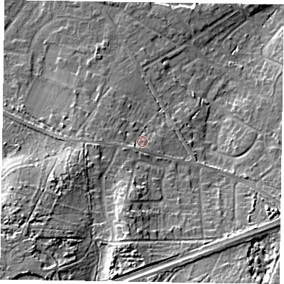Shaded relief map of the ground around GU170AY, computed from Environment Agency LiDAR. The ground here sits at about 67 m above sea level and falls 21 m across the surrounding 800 m. Surface water reaching this point runs off ground lying to the south-west, 13.6 m higher.