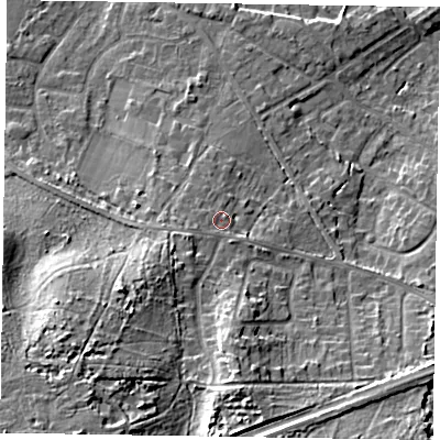Shaded relief map of the ground around GU170AZ, computed from Environment Agency LiDAR. The ground here sits at about 67 m above sea level and falls 21 m across the surrounding 800 m. Surface water reaching this point runs off ground lying to the west-south-west, 3.8 m higher.