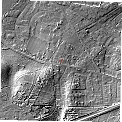 Shaded relief map of the ground around GU170BA, computed from Environment Agency LiDAR. The ground here sits at about 68 m above sea level and falls 21 m across the surrounding 800 m. Surface water reaching this point runs off ground lying to the south-west, 2.5 m higher.