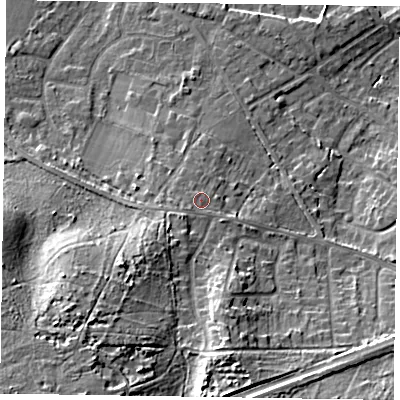 Shaded relief map of the ground around GU170BB, computed from Environment Agency LiDAR. The ground here sits at about 68 m above sea level and falls 21 m across the surrounding 800 m. Surface water reaching this point runs off ground lying to the south-west, 2.7 m higher.