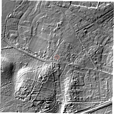 Shaded relief map of the ground around GU170BD, computed from Environment Agency LiDAR. The ground here sits at about 68 m above sea level and falls 21 m across the surrounding 800 m. Surface water reaching this point runs off ground lying to the south-south-west, 3.4 m higher.