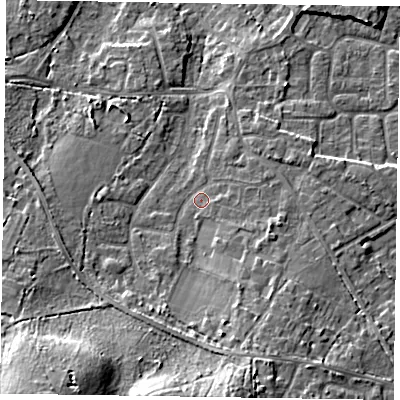 Shaded relief map of the ground around GU170BS, computed from Environment Agency LiDAR. The ground here sits at about 63 m above sea level and falls 18 m across the surrounding 800 m. Surface water reaching this point runs off ground lying to the south, 6.0 m higher.