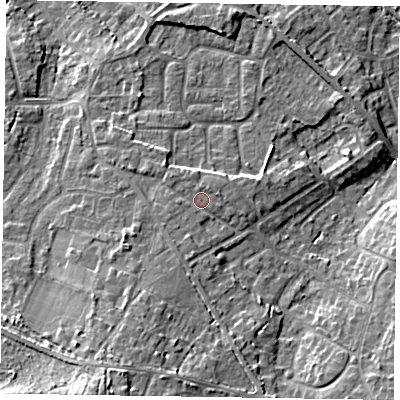 Shaded relief map of the ground around GU170BT, computed from Environment Agency LiDAR. The ground here sits at about 64 m above sea level and falls 15 m across the surrounding 800 m. Surface water reaching this point runs off ground lying to the south-south-west, 1.2 m higher.
