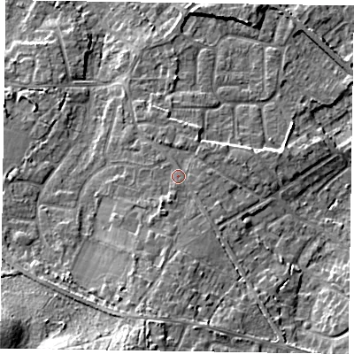 Shaded relief map of the ground around GU170BU, computed from Environment Agency LiDAR. The ground here sits at about 64 m above sea level and falls 16 m across the surrounding 800 m. Surface water reaching this point runs off ground lying to the south-south-west, 8.7 m higher.