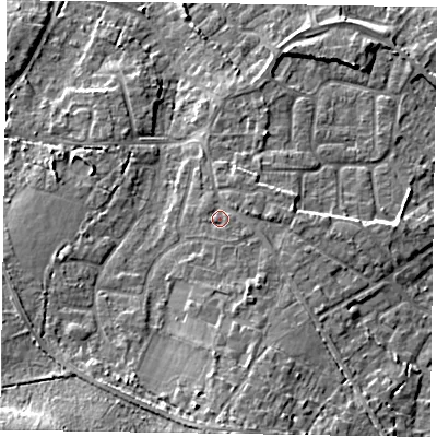 Shaded relief map of the ground around GU170DB, computed from Environment Agency LiDAR. The ground here sits at about 63 m above sea level and falls 16 m across the surrounding 800 m. Surface water reaching this point runs off ground lying to the south-south-east, 2.5 m higher.