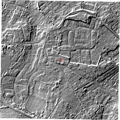 Shaded relief map of the ground around GU170DE, computed from Environment Agency LiDAR. The ground here sits at about 63 m above sea level and falls 12 m across the surrounding 800 m. Surface water reaching this point runs off ground lying to the south, 5.0 m higher.