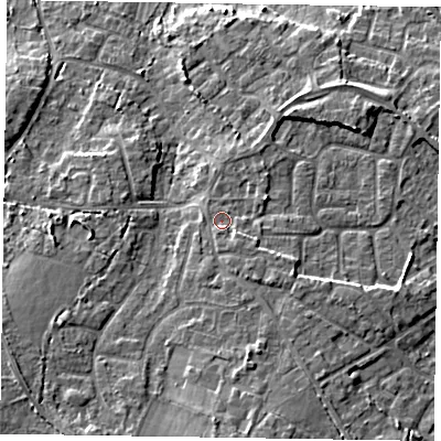 Shaded relief map of the ground around GU170DF, computed from Environment Agency LiDAR. The ground here sits at about 62 m above sea level and falls 11 m across the surrounding 800 m. Surface water reaching this point runs off ground lying to the south-south-east, 1.4 m higher.