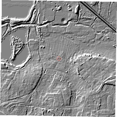 Shaded relief map of the ground around GU170DJ, computed from Environment Agency LiDAR. The ground here sits at about 58 m above sea level and falls 10 m across the surrounding 800 m. Surface water reaching this point runs off ground lying to the south, 4.8 m higher.