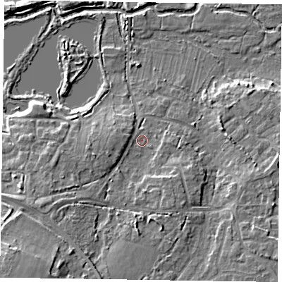 Shaded relief map of the ground around GU170DL, computed from Environment Agency LiDAR. The ground here sits at about 59 m above sea level and falls 13 m across the surrounding 800 m. Surface water reaching this point runs off ground lying to the south-south-west, 6.8 m higher.