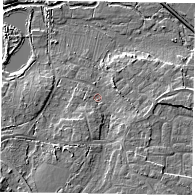 Shaded relief map of the ground around GU170DQ, computed from Environment Agency LiDAR. The ground here sits at about 59 m above sea level and falls 12 m across the surrounding 800 m. Surface water reaching this point runs off ground lying to the south-south-west, 3.1 m higher.