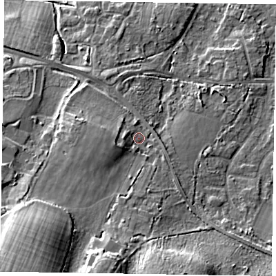 Shaded relief map of the ground around GU170DS, computed from Environment Agency LiDAR. The ground here sits at about 65 m above sea level and falls 19 m across the surrounding 800 m. Surface water reaching this point runs off ground lying to the south-west, 11.9 m higher.