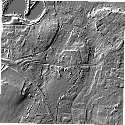 Shaded relief map of the ground around GU170DT, computed from Environment Agency LiDAR. The ground here sits at about 62 m above sea level and falls 14 m across the surrounding 800 m. Surface water reaching this point runs off ground lying to the south-south-west, 4.0 m higher.
