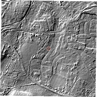 Shaded relief map of the ground around GU170DY, computed from Environment Agency LiDAR. The ground here sits at about 62 m above sea level and falls 17 m across the surrounding 800 m. Surface water reaching this point runs off ground lying to the south, 5.7 m higher.
