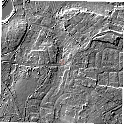 Shaded relief map of the ground around GU170EA, computed from Environment Agency LiDAR. The ground here sits at about 61 m above sea level and falls 12 m across the surrounding 800 m. Surface water reaching this point runs off ground lying to the south-west, 6.4 m higher.