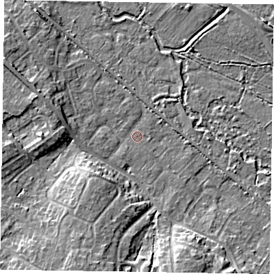 Shaded relief map of the ground around GU170HW, computed from Environment Agency LiDAR. The ground here sits at about 58 m above sea level and falls 9 m across the surrounding 800 m. Surface water reaching this point runs off ground lying to the south-south-west, 7.5 m higher.