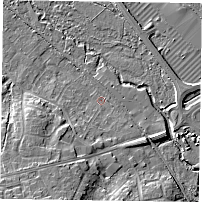 Shaded relief map of the ground around GU170JB, computed from Environment Agency LiDAR. The ground here sits at about 59 m above sea level and falls 13 m across the surrounding 800 m. Surface water reaching this point runs off ground lying to the south-south-west, 5.4 m higher.