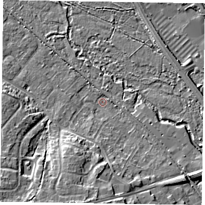 Shaded relief map of the ground around GU170JD, computed from Environment Agency LiDAR. The ground here sits at about 58 m above sea level and falls 11 m across the surrounding 800 m. Surface water reaching this point runs off ground lying to the south, 9.6 m higher.
