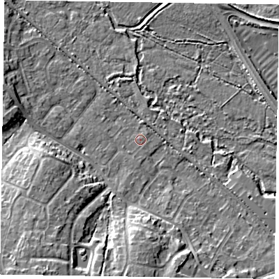 Shaded relief map of the ground around GU170JG, computed from Environment Agency LiDAR. The ground here sits at about 58 m above sea level and falls 10 m across the surrounding 800 m. Surface water reaching this point runs off ground lying to the south, 9.0 m higher.