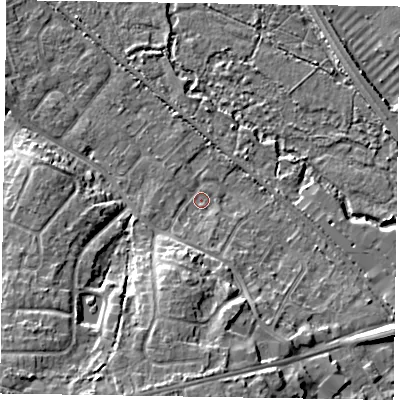 Shaded relief map of the ground around GU170JJ, computed from Environment Agency LiDAR. The ground here sits at about 58 m above sea level and falls 12 m across the surrounding 800 m. Surface water reaching this point runs off ground lying to the south-south-west, 10.0 m higher.