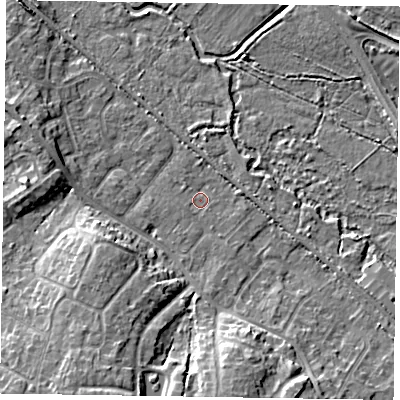Shaded relief map of the ground around GU170JQ, computed from Environment Agency LiDAR. The ground here sits at about 58 m above sea level and falls 10 m across the surrounding 800 m. Surface water reaching this point runs off ground lying to the south, 8.8 m higher.