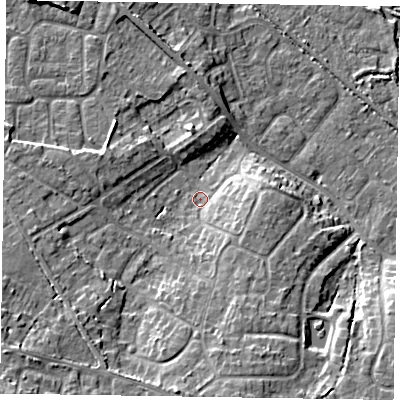 Shaded relief map of the ground around GU170NE, computed from Environment Agency LiDAR. The ground here sits at about 61 m above sea level and falls 13 m across the surrounding 800 m. Surface water reaching this point runs off ground lying to the south-east, 4.2 m higher.
