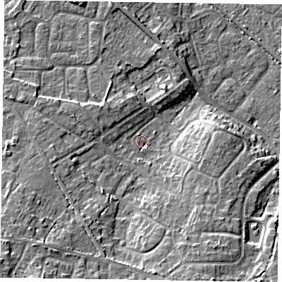 Shaded relief map of the ground around GU170NL, computed from Environment Agency LiDAR. The ground here sits at about 61 m above sea level and falls 14 m across the surrounding 800 m. Surface water reaching this point runs off ground lying to the south-south-east, 7.9 m higher.
