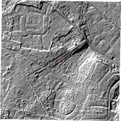 Shaded relief map of the ground around GU170NN, computed from Environment Agency LiDAR. The ground here sits at about 62 m above sea level and falls 15 m across the surrounding 800 m. Surface water reaching this point runs off ground lying to the west, 3.1 m higher.