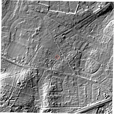 Shaded relief map of the ground around GU170NS, computed from Environment Agency LiDAR. The ground here sits at about 65 m above sea level and falls 20 m across the surrounding 800 m. Surface water reaching this point runs off ground lying to the south-west, 12.9 m higher.