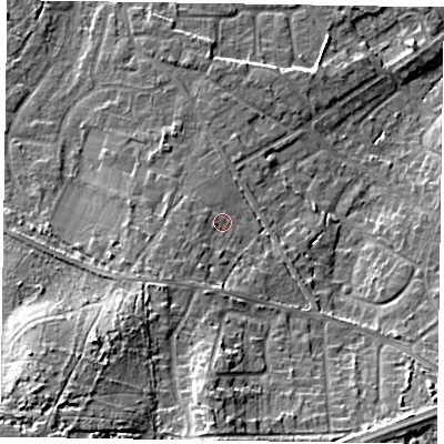 Shaded relief map of the ground around GU170NT, computed from Environment Agency LiDAR. The ground here sits at about 66 m above sea level and falls 19 m across the surrounding 800 m. Surface water reaching this point runs off ground lying to the south-west, 3.3 m higher.