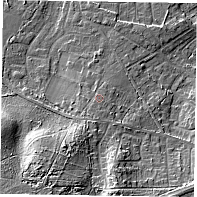 Shaded relief map of the ground around GU170NU, computed from Environment Agency LiDAR. The ground here sits at about 67 m above sea level and falls 19 m across the surrounding 800 m. Surface water reaching this point runs off ground lying to the south-south-west, 5.4 m higher.
