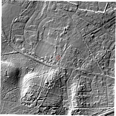 Shaded relief map of the ground around GU170NX, computed from Environment Agency LiDAR. The ground here sits at about 67 m above sea level and falls 20 m across the surrounding 800 m. Surface water reaching this point runs off ground lying to the south, 4.9 m higher.
