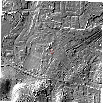 Shaded relief map of the ground around GU170NY, computed from Environment Agency LiDAR. The ground here sits at about 65 m above sea level and falls 18 m across the surrounding 800 m. Surface water reaching this point runs off ground lying to the south-south-west, 7.0 m higher.