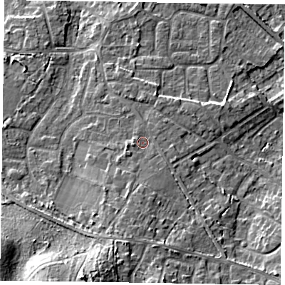 Shaded relief map of the ground around GU170NZ, computed from Environment Agency LiDAR. The ground here sits at about 64 m above sea level and falls 16 m across the surrounding 800 m. Surface water reaching this point runs off ground lying to the south-south-west, 9.9 m higher.