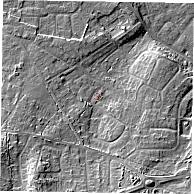 Shaded relief map of the ground around GU170PS, computed from Environment Agency LiDAR. The ground here sits at about 63 m above sea level and falls 17 m across the surrounding 800 m. Surface water reaching this point runs off ground lying to the south-south-east, 5.4 m higher.