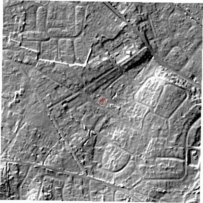 Shaded relief map of the ground around GU170PU, computed from Environment Agency LiDAR. The ground here sits at about 62 m above sea level and falls 16 m across the surrounding 800 m. Surface water reaching this point runs off ground lying to the south-south-east, 7.7 m higher.