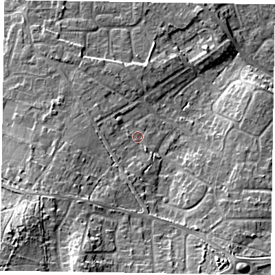 Shaded relief map of the ground around GU170PX, computed from Environment Agency LiDAR. The ground here sits at about 63 m above sea level and falls 18 m across the surrounding 800 m. Surface water reaching this point runs off ground lying to the south, 3.3 m higher.