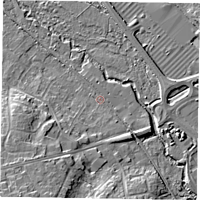Shaded relief map of the ground around GU179AE, computed from Environment Agency LiDAR. The ground here sits at about 59 m above sea level and falls 13 m across the surrounding 800 m. Surface water reaching this point runs off ground lying to the south-west, 11.1 m higher.