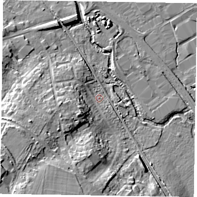 Shaded relief map of the ground around GU179DZ, computed from Environment Agency LiDAR. The ground here sits at about 60 m above sea level and falls 21 m across the surrounding 800 m. Surface water reaching this point runs off ground lying to the south-west, 18.7 m higher.