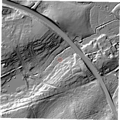 Shaded relief map of the ground around GU185PJ, computed from Environment Agency LiDAR. The ground here sits at about 44 m above sea level and falls 24 m across the surrounding 800 m. Surface water reaching this point runs off ground lying to the south-south-west, 14.3 m higher.