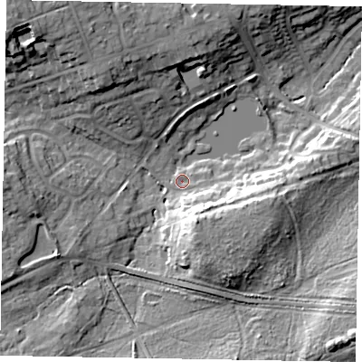 Shaded relief map of the ground around GU185QQ, computed from Environment Agency LiDAR. The ground here sits at about 48 m above sea level and falls 22 m across the surrounding 800 m. Surface water reaching this point runs off ground lying to the south-south-east, 12.1 m higher.