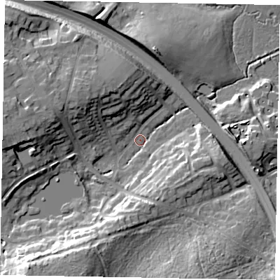 Shaded relief map of the ground around GU185RU, computed from Environment Agency LiDAR. The ground here sits at about 44 m above sea level and falls 21 m across the surrounding 800 m. Surface water reaching this point runs off ground lying to the south-west, 19.2 m higher.