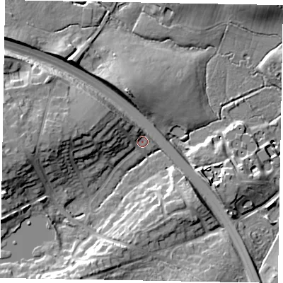 Shaded relief map of the ground around GU185RX, computed from Environment Agency LiDAR. The ground here sits at about 44 m above sea level and falls 20 m across the surrounding 800 m. Surface water reaching this point runs off ground lying to the west, 15.3 m higher.