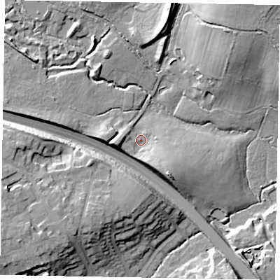 Shaded relief map of the ground around GU185SH, computed from Environment Agency LiDAR. The ground here sits at about 45 m above sea level and falls 19 m across the surrounding 800 m. Surface water reaching this point runs off ground lying to the south-south-east, 6.9 m higher.