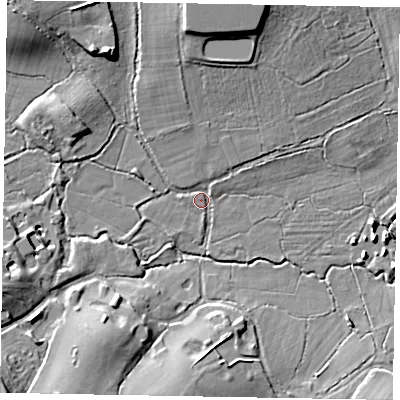 Shaded relief map of the ground around GU185SR, computed from Environment Agency LiDAR. The ground here sits at about 39 m above sea level and falls 13 m across the surrounding 800 m. Surface water reaching this point runs off ground lying to the north-north-west, 12.5 m higher.