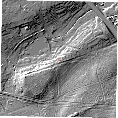 Shaded relief map of the ground around GU185SW, computed from Environment Agency LiDAR. The ground here sits at about 54 m above sea level and falls 23 m across the surrounding 800 m. Surface water reaching this point runs off ground lying to the south-east, 4.7 m higher.