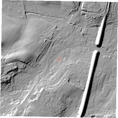 Shaded relief map of the ground around GU195AA, computed from Environment Agency LiDAR. The ground here sits at about 60 m above sea level and falls 22 m across the surrounding 800 m. Surface water reaching this point runs off ground lying to the south-south-west, 16.6 m higher.